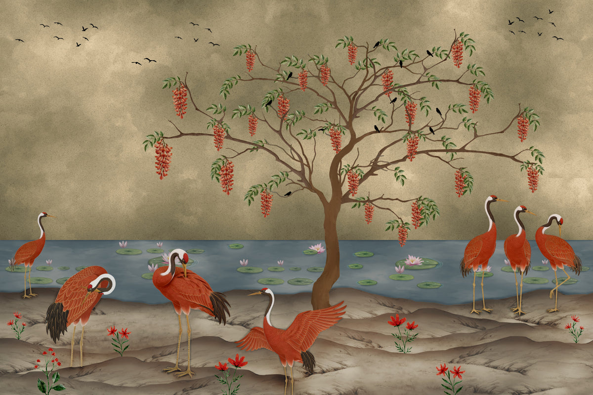 Crimson Cranes by Lotus Lake Wall Mural in your room — zoomed