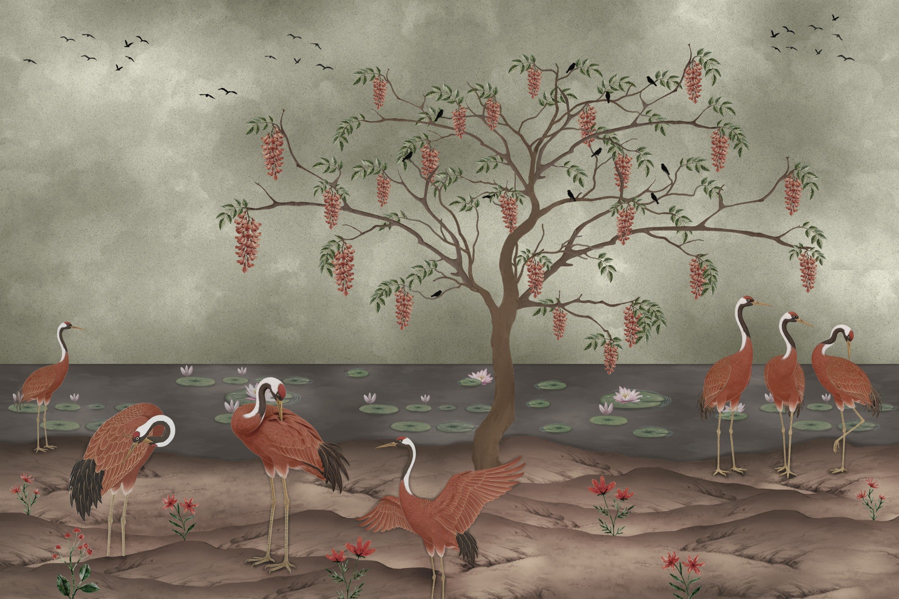 Graceful Cranescapes wall mural behind a restaurant  with cranes and wisteria detail