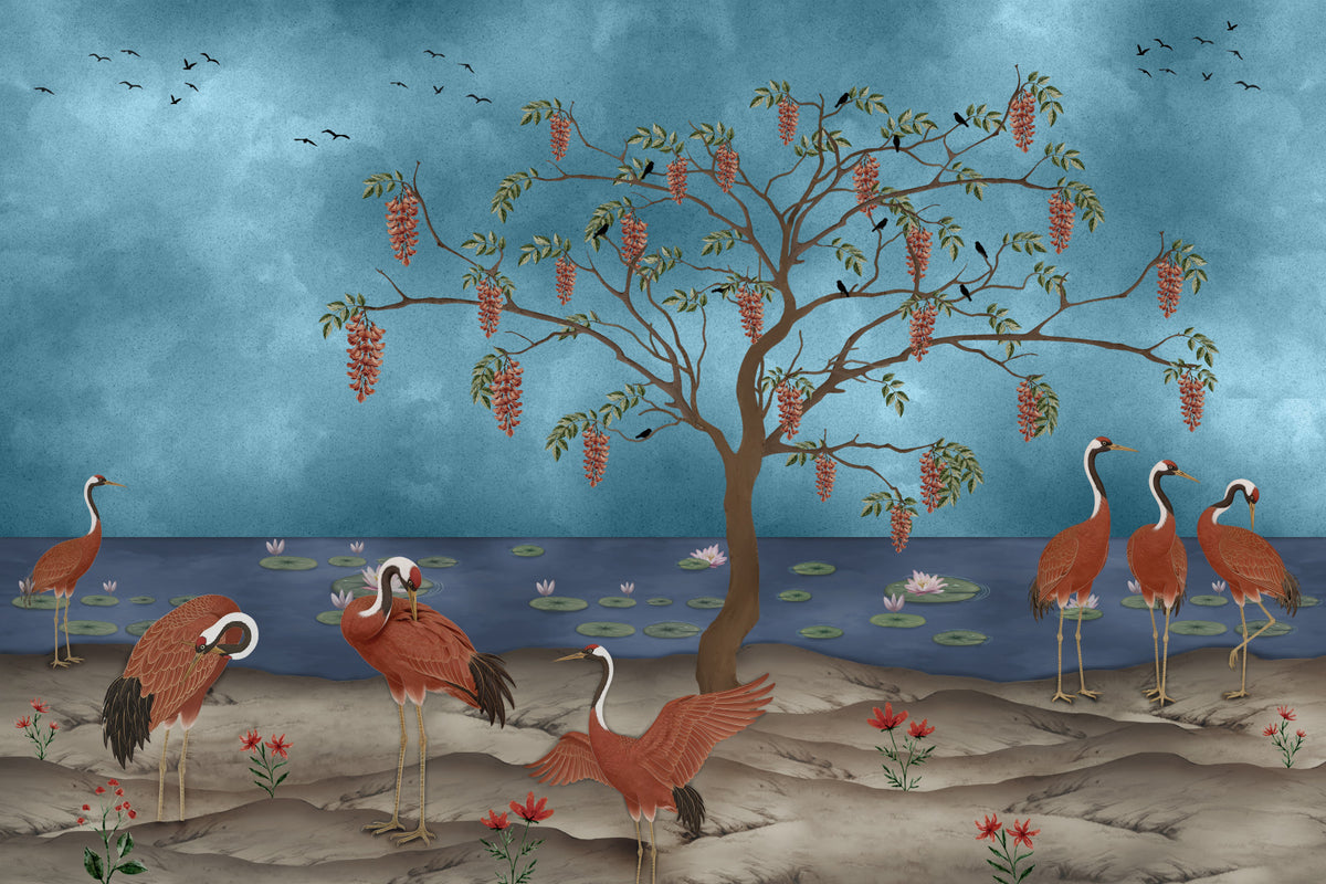 Lakeside Reverie: Cranes & Wisteria Wall Mural in your room