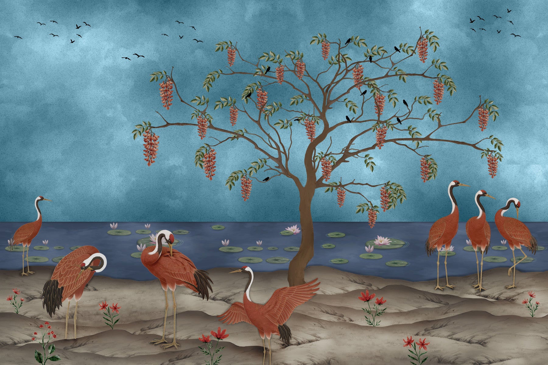 Lakeside Reverie: Cranes & Wisteria Wall Mural