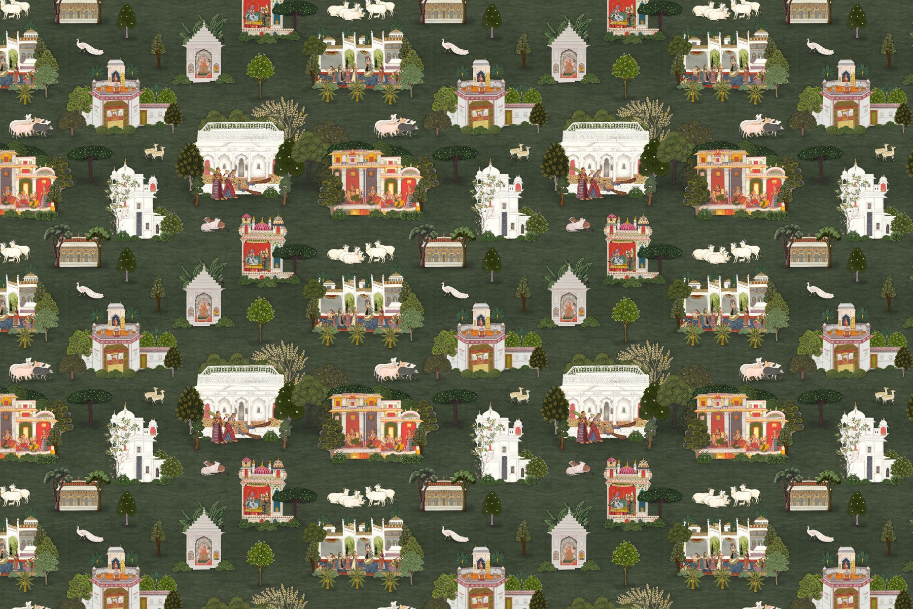 Miniature style wall mural with repeating palace illustrations