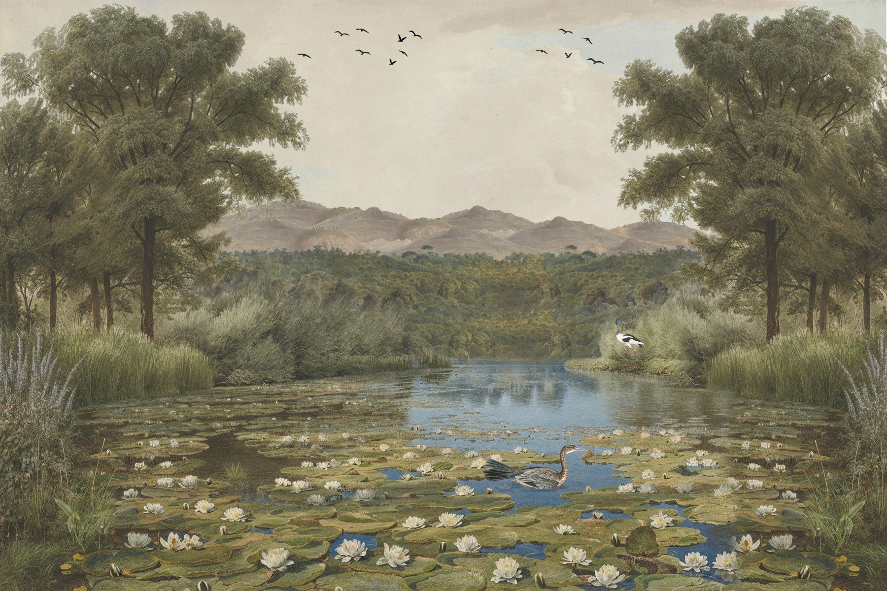Lily Pond Serenity wall mural brings natural tranquility to spacious Dining rooms.