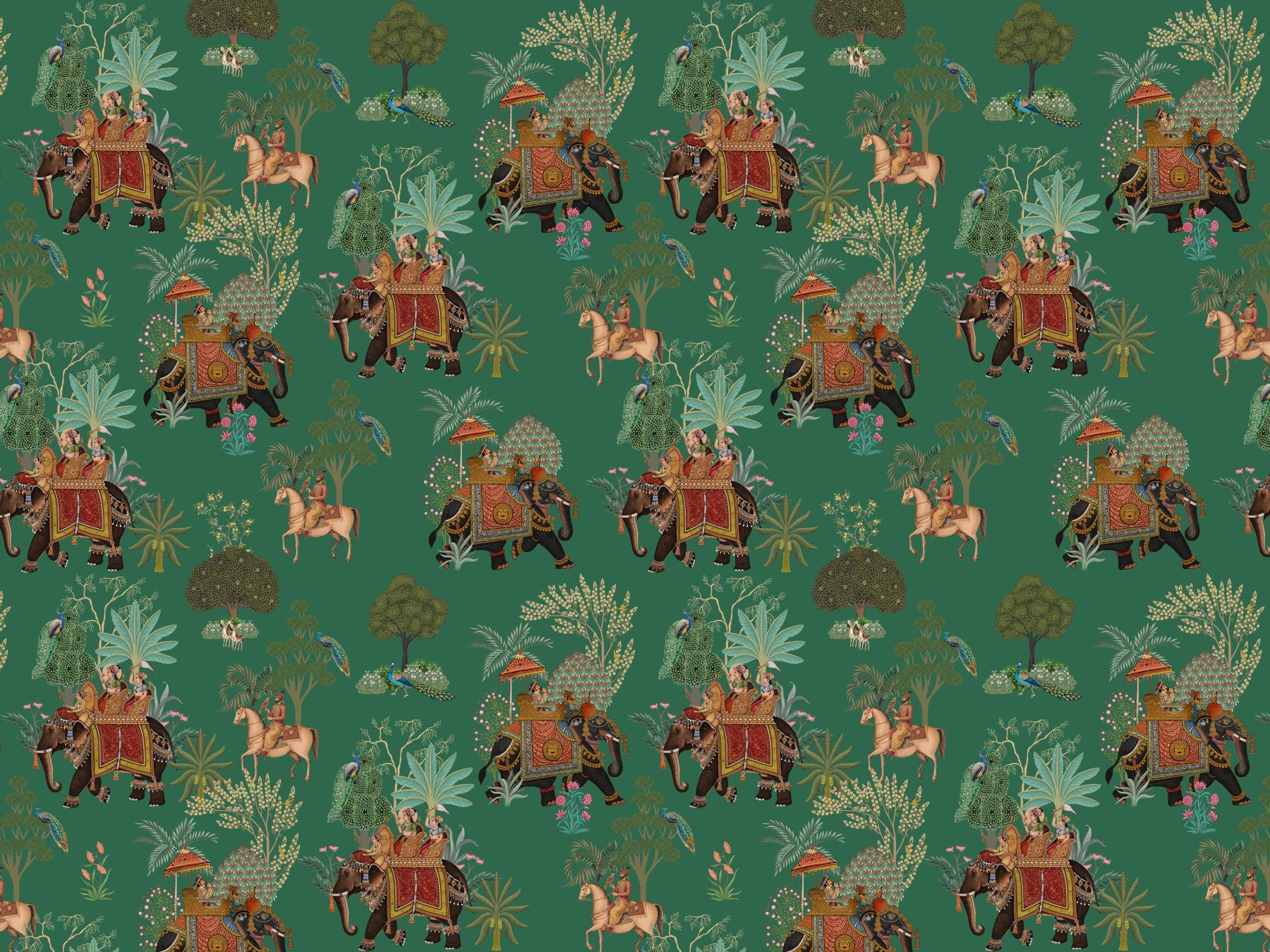 Living room feature wall mural with Indian elephant procession theme