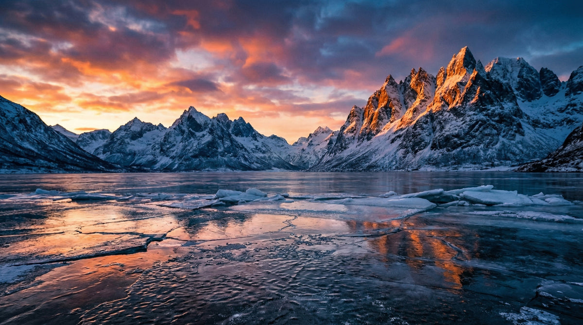 Frozen Peaks, Fiery Skies Wall Mural in your room