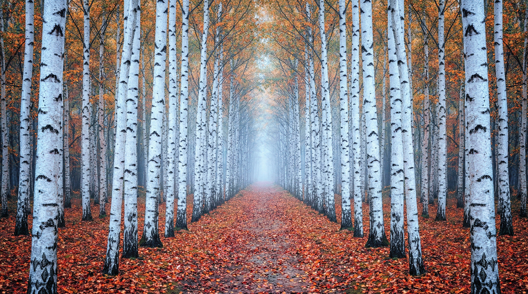 Living room birch forest mural with autumn leaves path