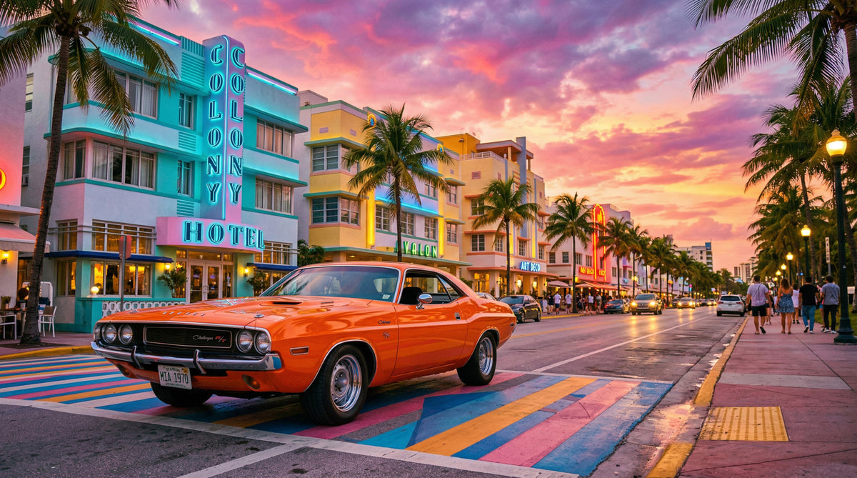 Ocean Drive Sunset Ride Wall Mural in your room