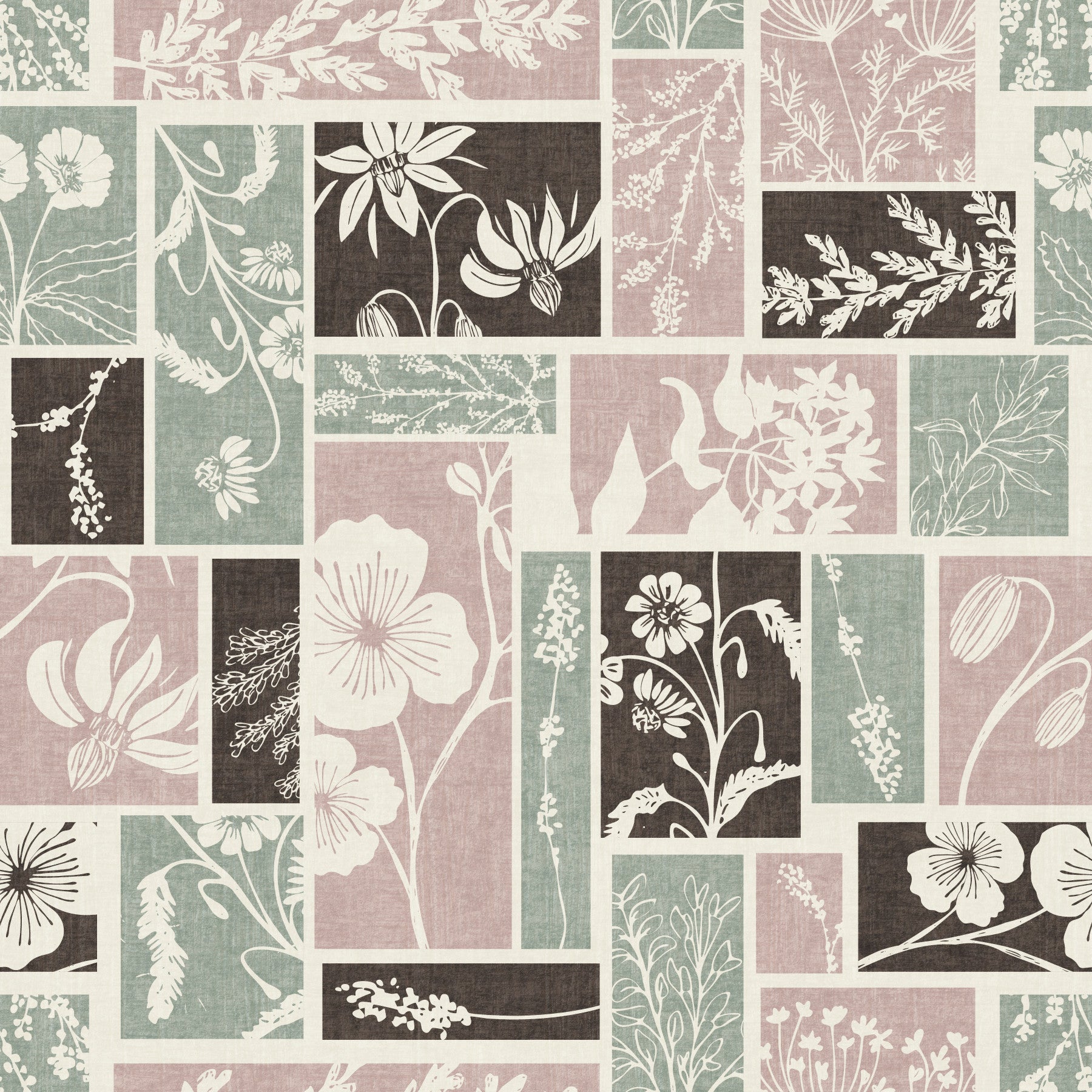 Heirloom floral patchwork wallpaper for living room walls in soft tones