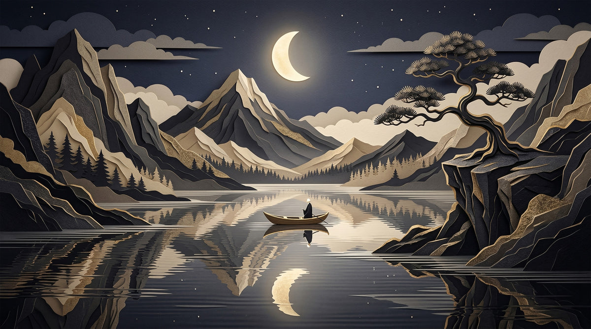 Golden Moon Over Layered Peaks Wall Mural in your room