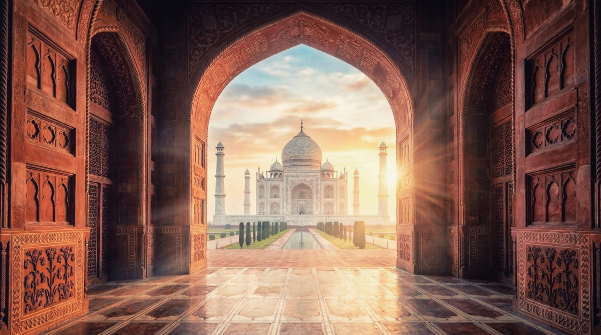 Gateway to Grandeur: Taj Mahal at Golden Hour Wall Mural in your room