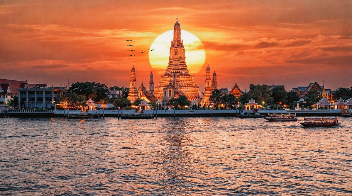 Wat Arun: Golden Horizon Sunset Wall Mural in your room — zoomed