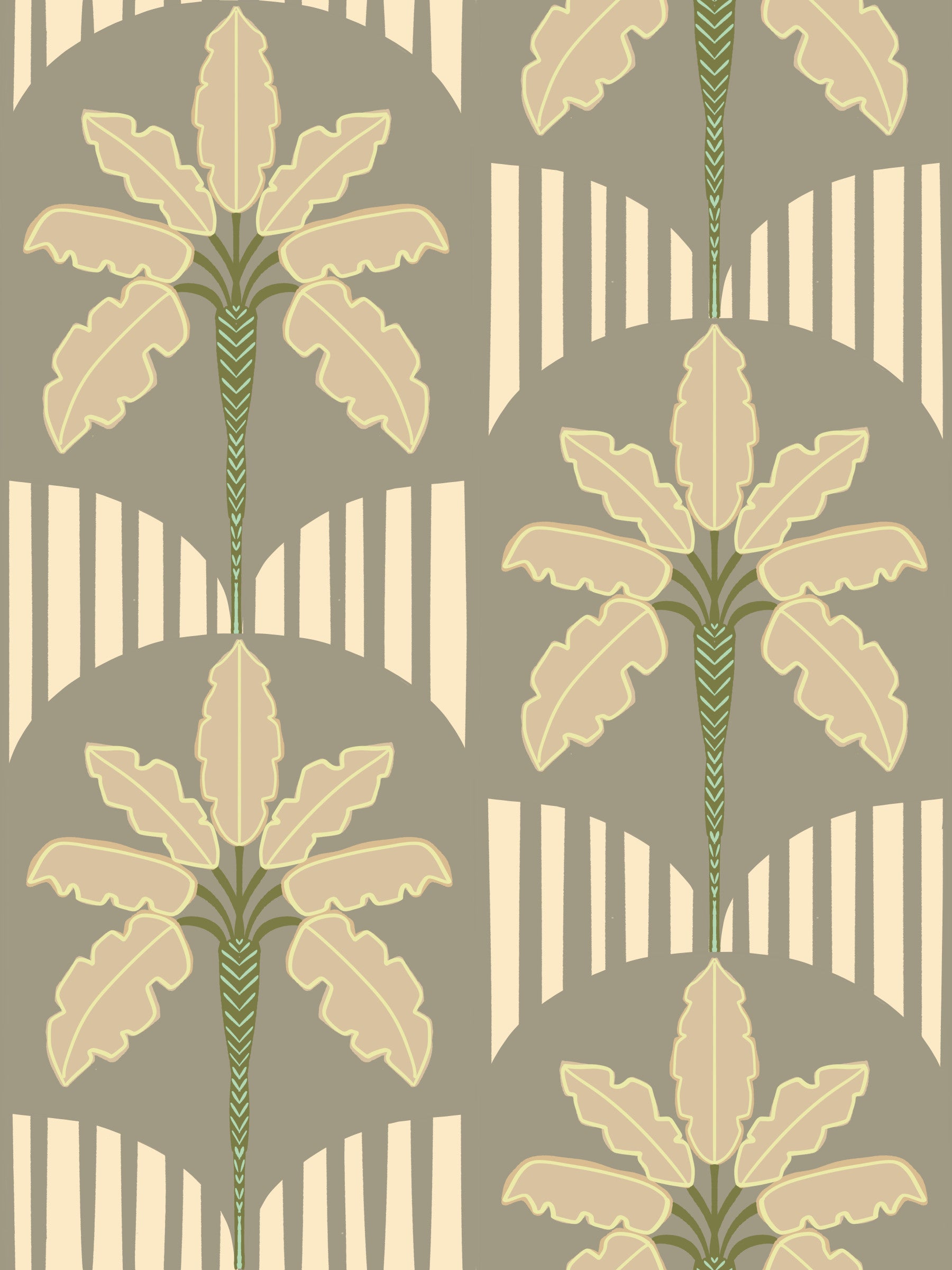 Olive palm wallpaper paired with gold stripe arches in a modern living interior