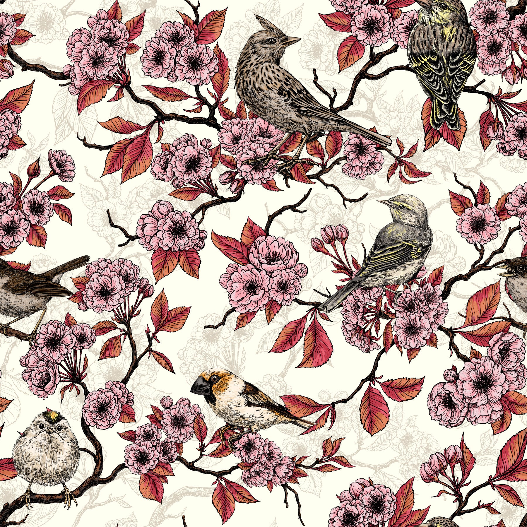 Living room with ivory bird and cherry blossom wallpaper