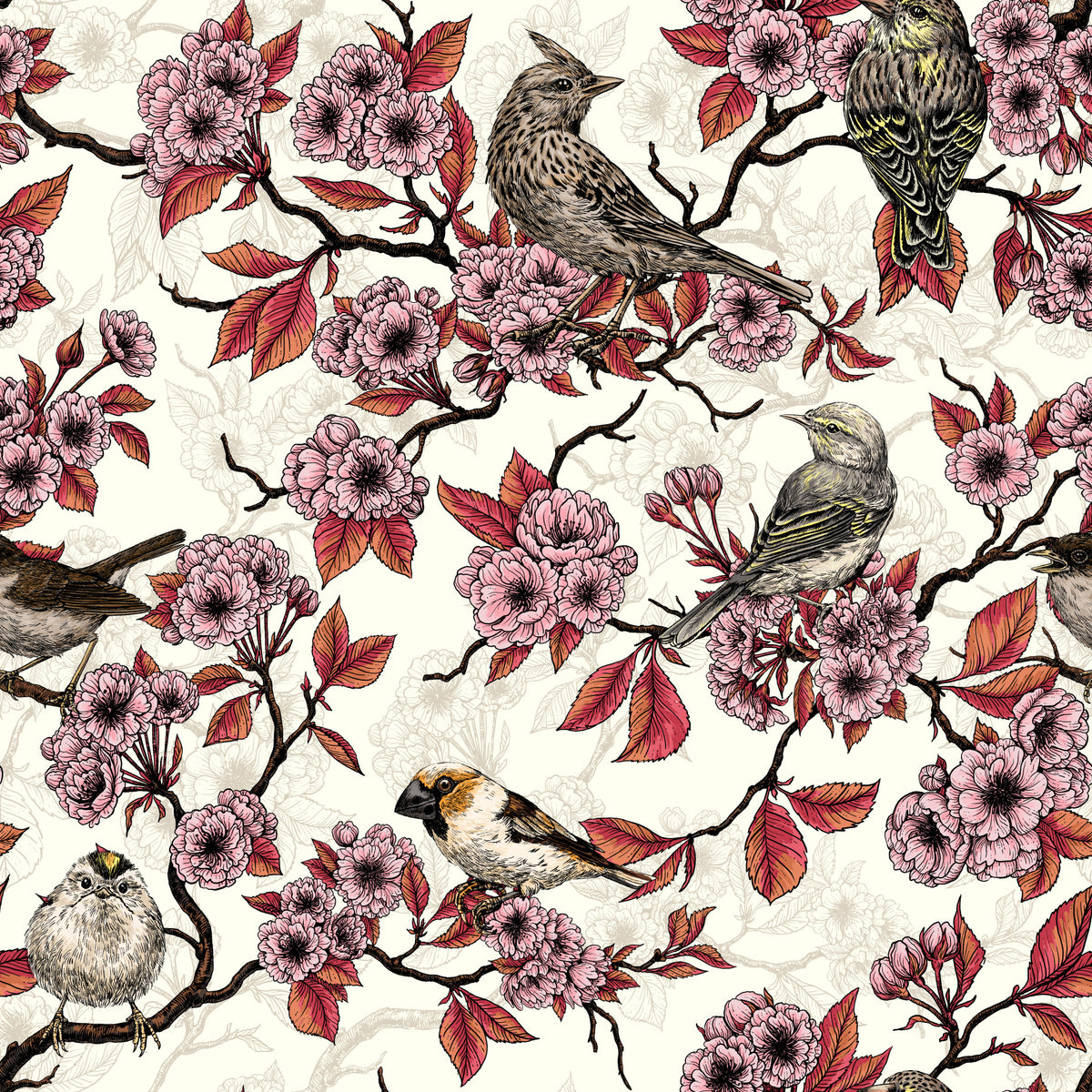 Birds and cherry blossom on ivory Wallpaper⁠ in your room