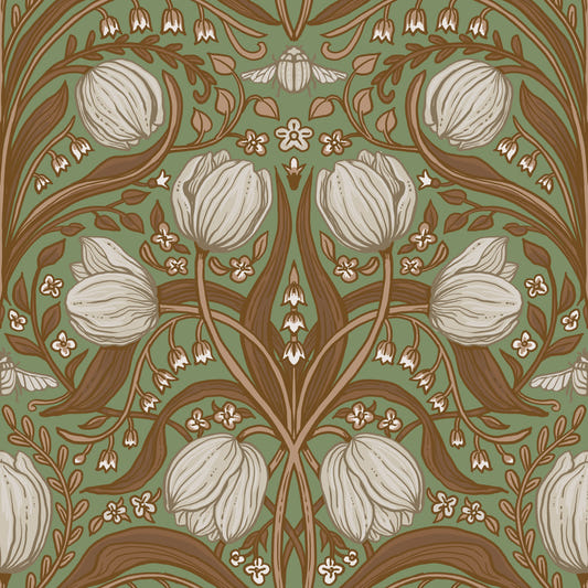 Retro Nouveau Tulips in sage and brown Wallpaper⁠