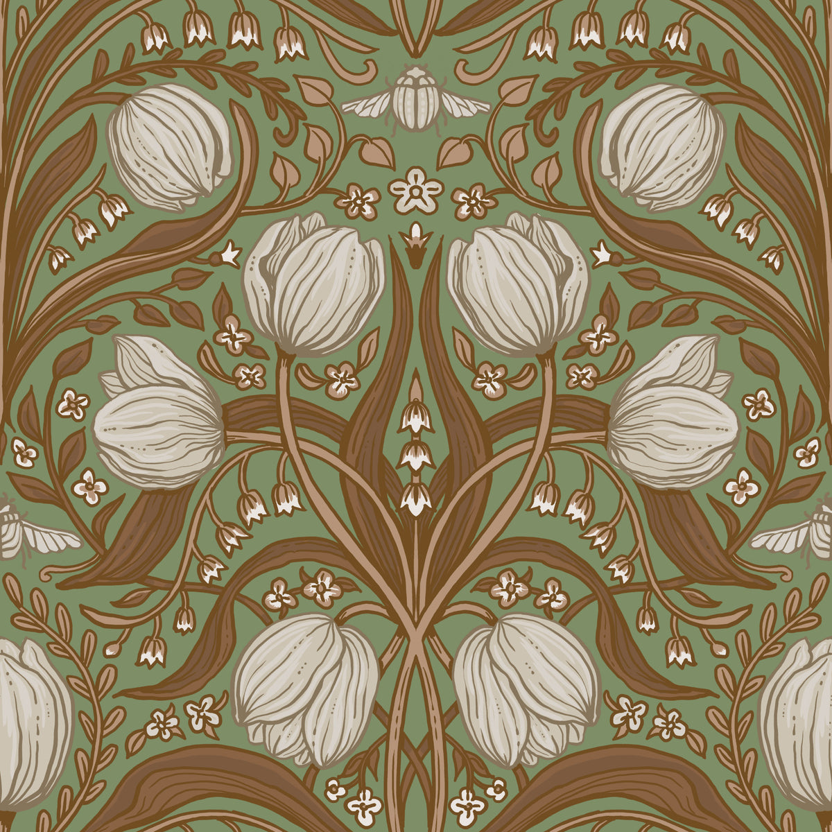 Retro Nouveau Tulips in sage and brown Wallpaper⁠ in your room