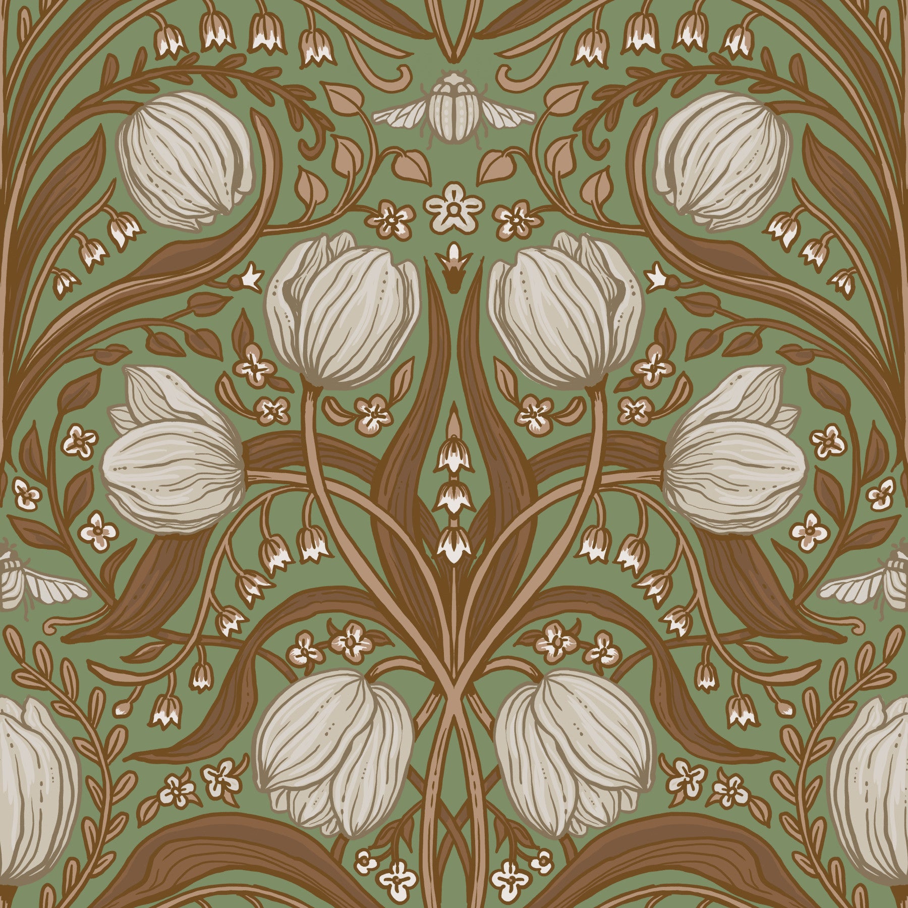 Retro Nouveau Tulips in sage and brown Wallpaper⁠