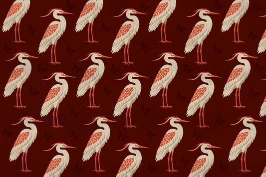 Burgundy Heron & Butterflies Wall Mural