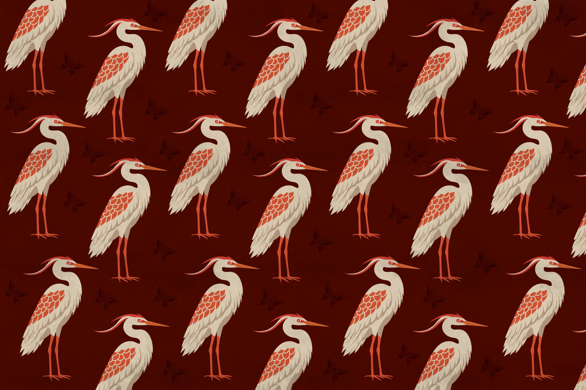 Burgundy Heron & Butterflies Wall Mural in your room