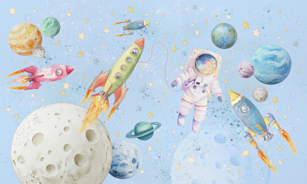Watercolor Space Adventure Light Blue Wall Mural in your room