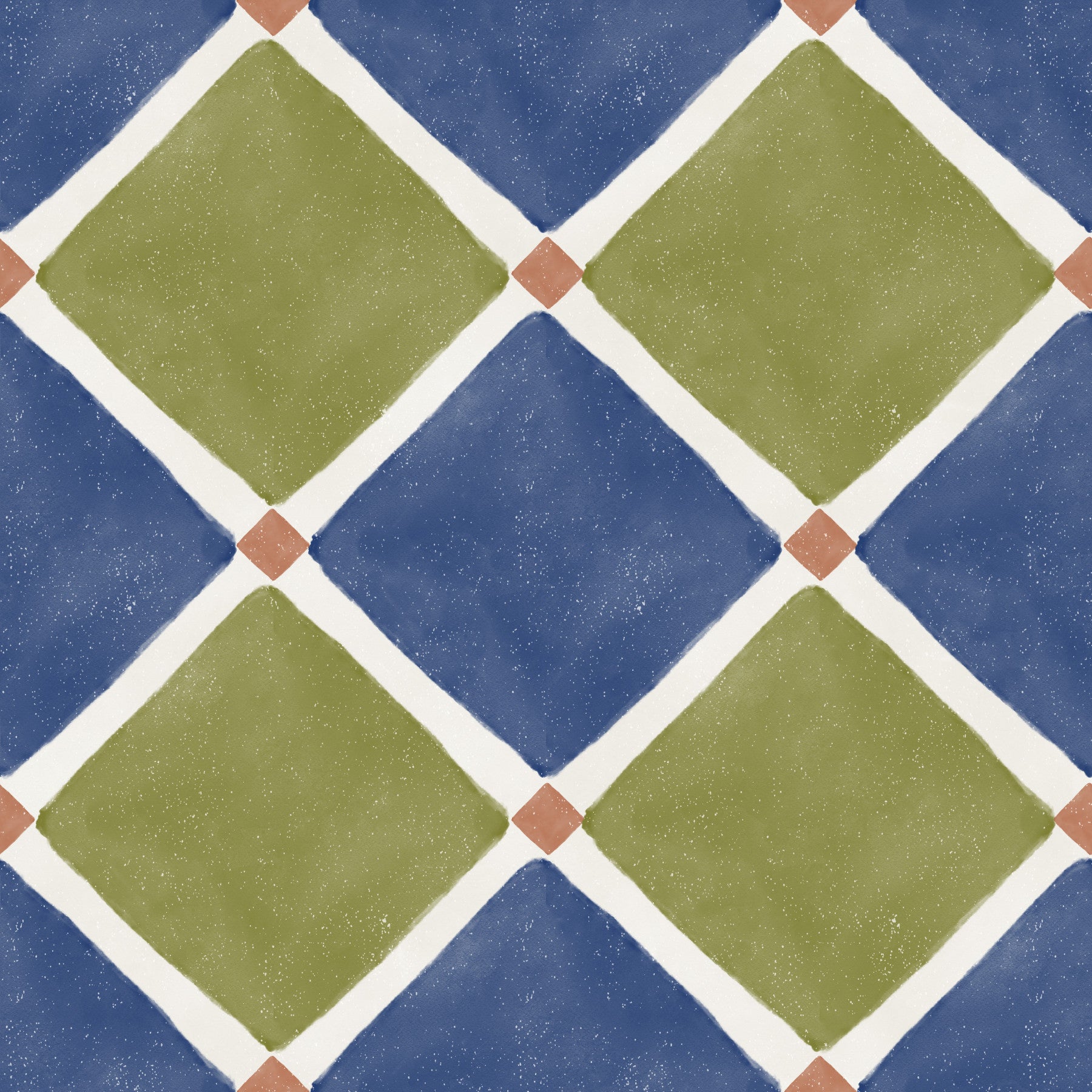 Mediterranean rustic checkerboard wallpaper framing a cozy modern living room setup.