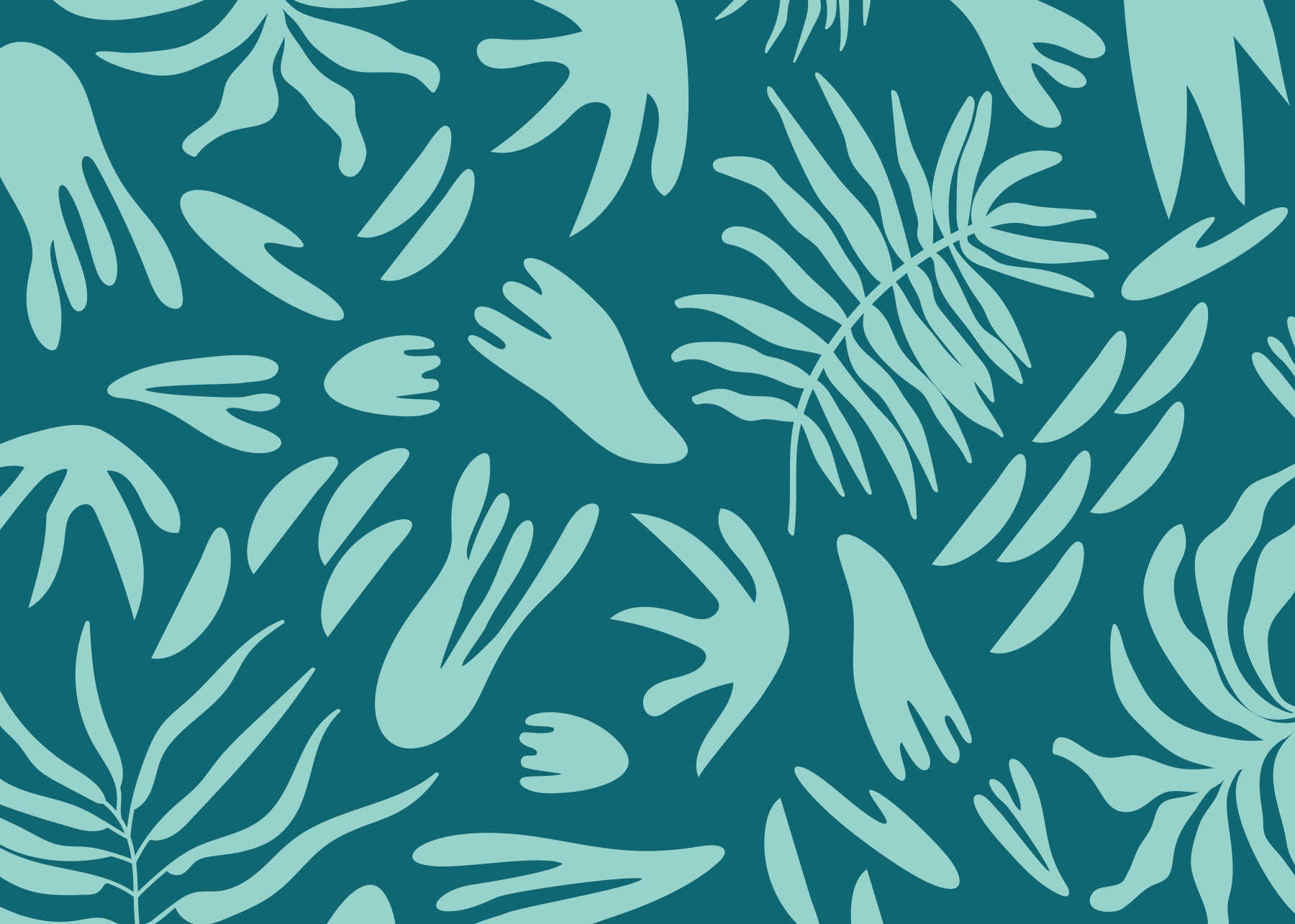 Aqua leaf wall mural in a dining room with modern botanical design