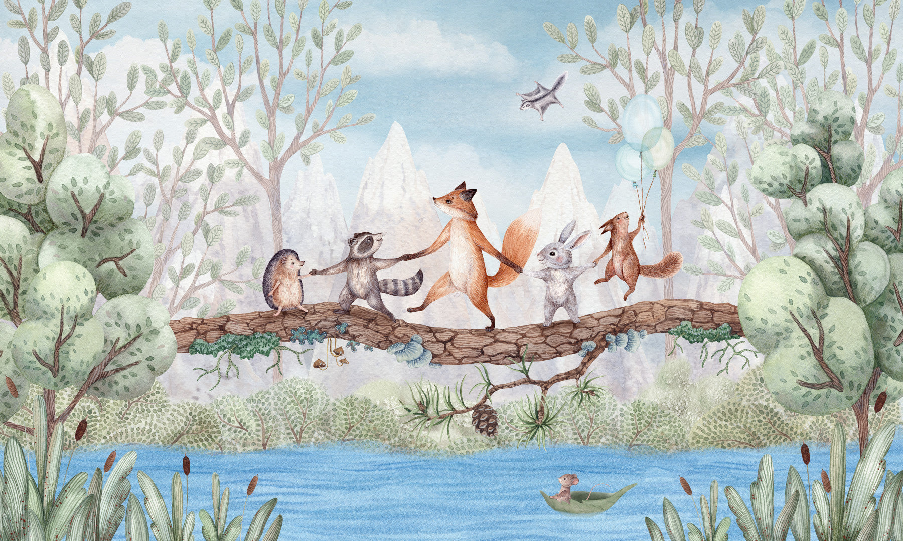 Animal Adventure wall mural in a kids room with woodland animals on tree branch
