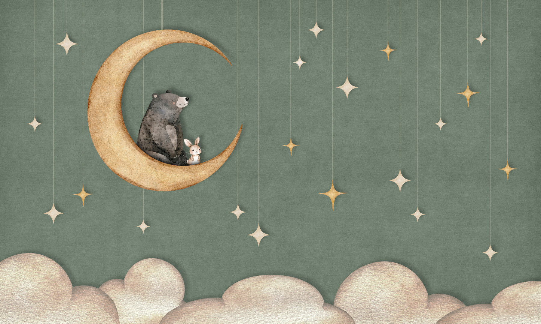 Bear on The Moon Green Wall Mural