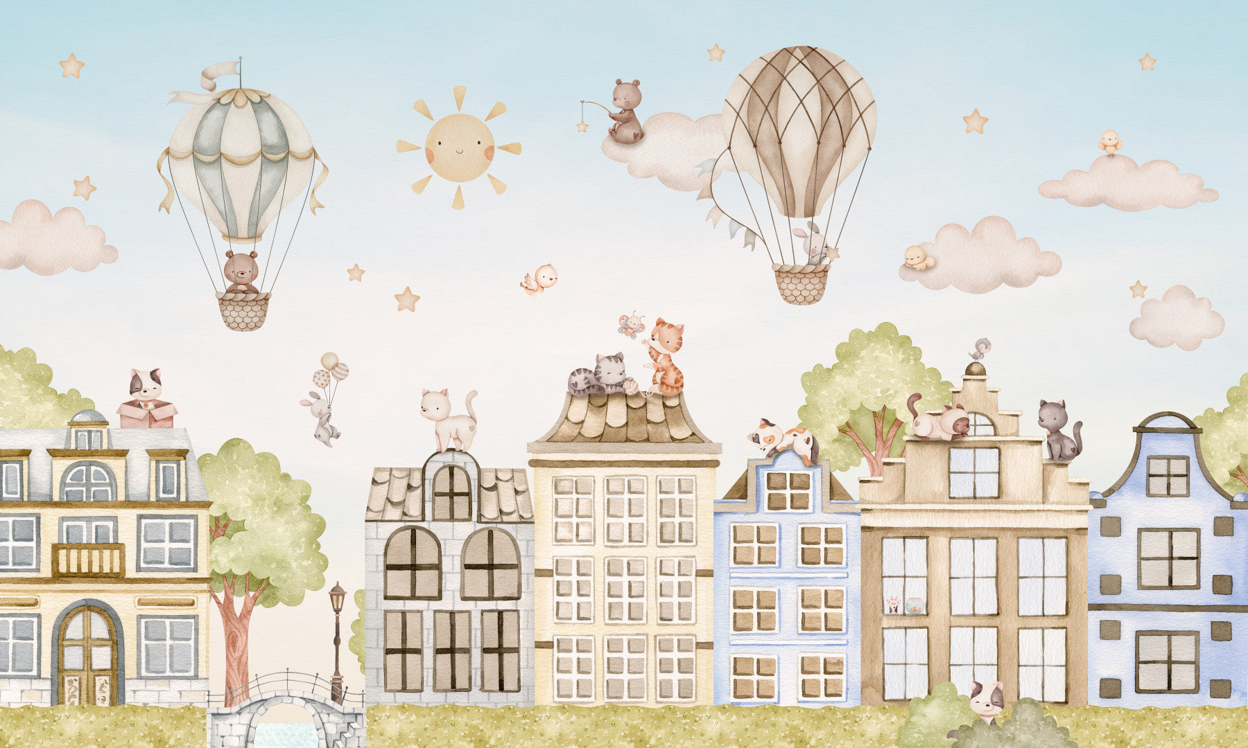 City Cats wall mural in a kids room with pastel buildings and hot air balloons