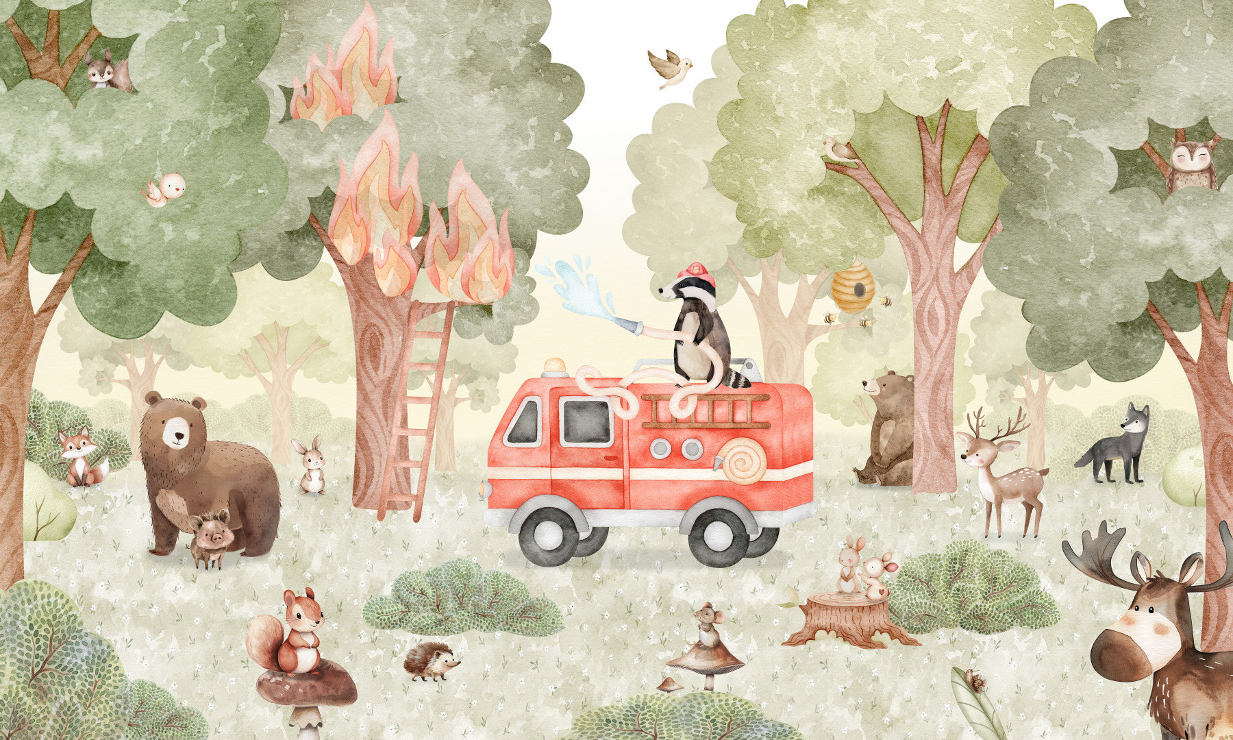 Forest Fire Fighter wall mural in a bedroom with fire truck and woodland animals