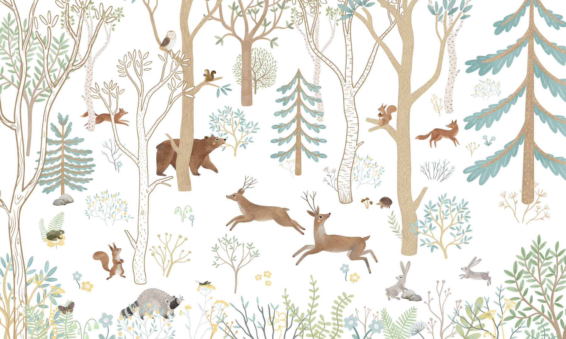 Frisky Forest Blue wall mural in a bedroom with woodland animals and blue trees