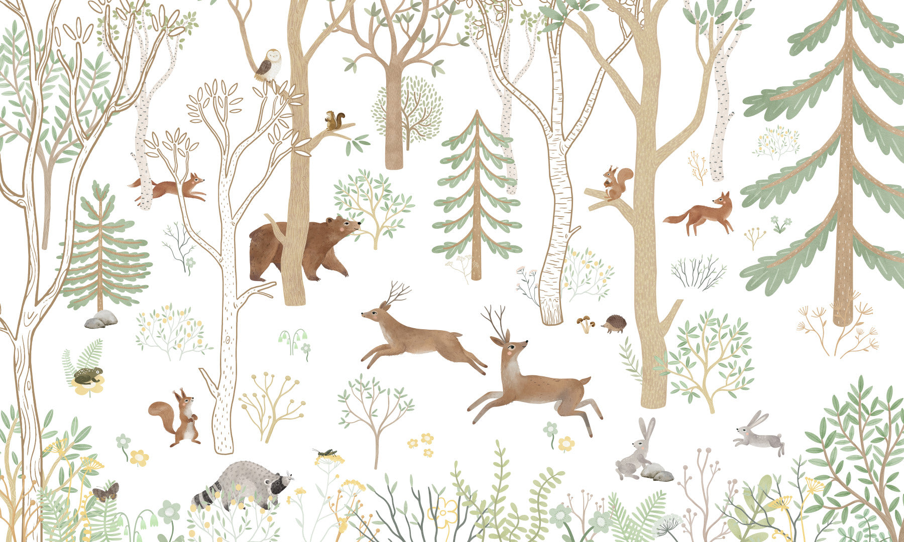 Frisky Forest Green wall mural in a play room with woodland animals and trees
