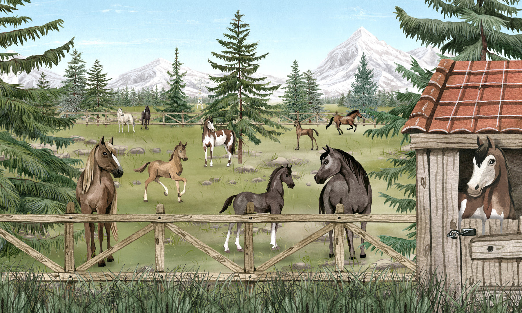 Horse Haven wall mural in a kids room with mountain ranch and horse scenery