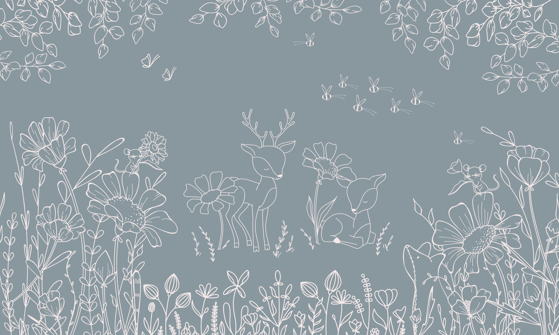 Deer Doodles Blue wall mural in a kids room with soft floral woodland sketch art