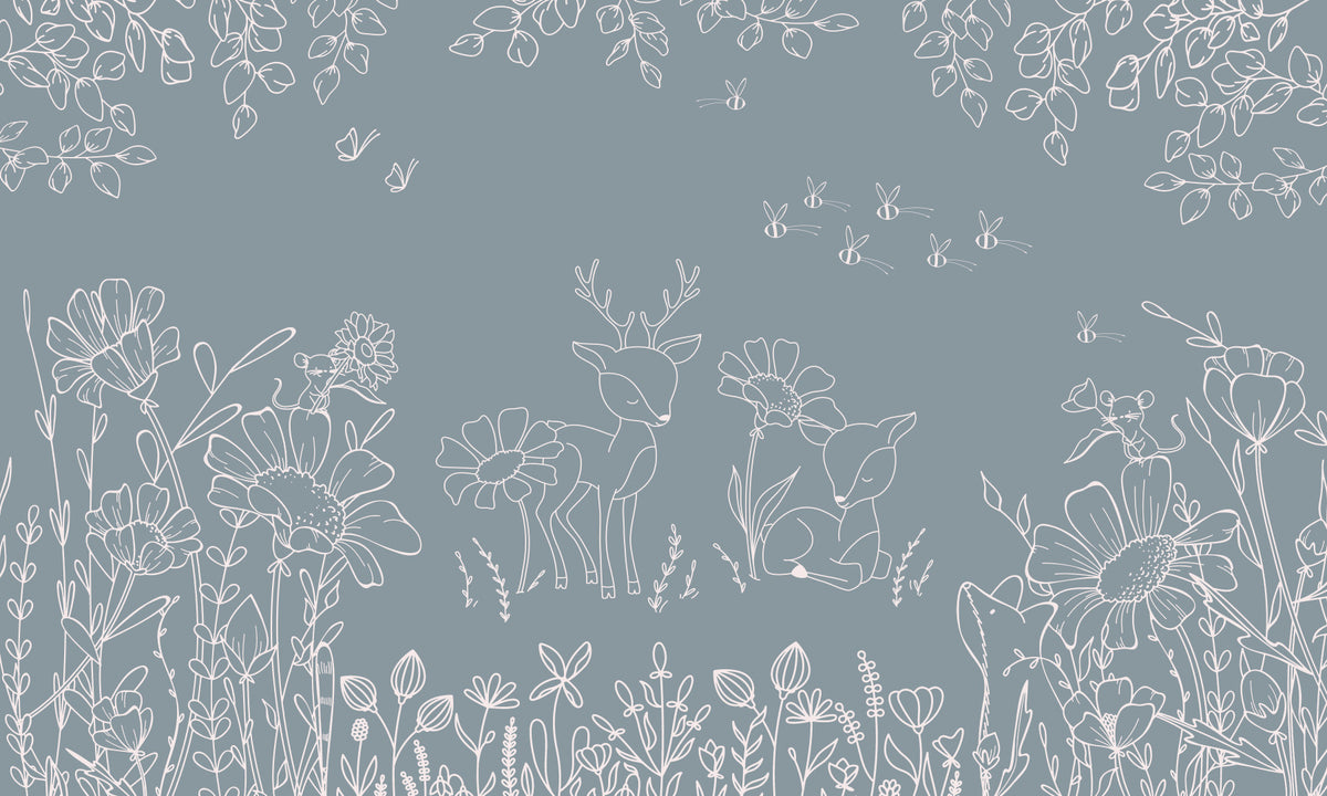 Deer Doodles Blue Wall Mural in your room