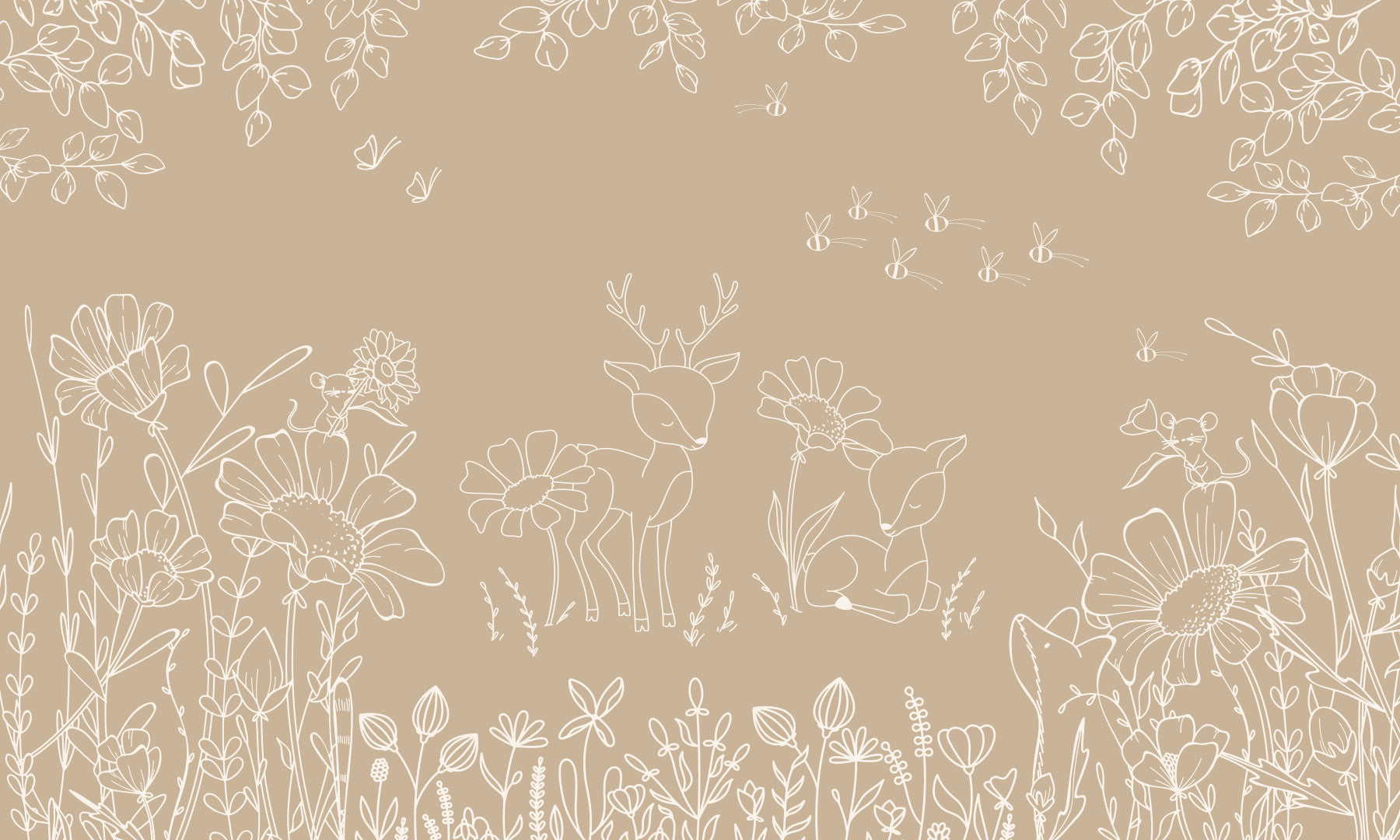 Deer Doodles Brown wall mural in a kids room with floral woodland sketch art