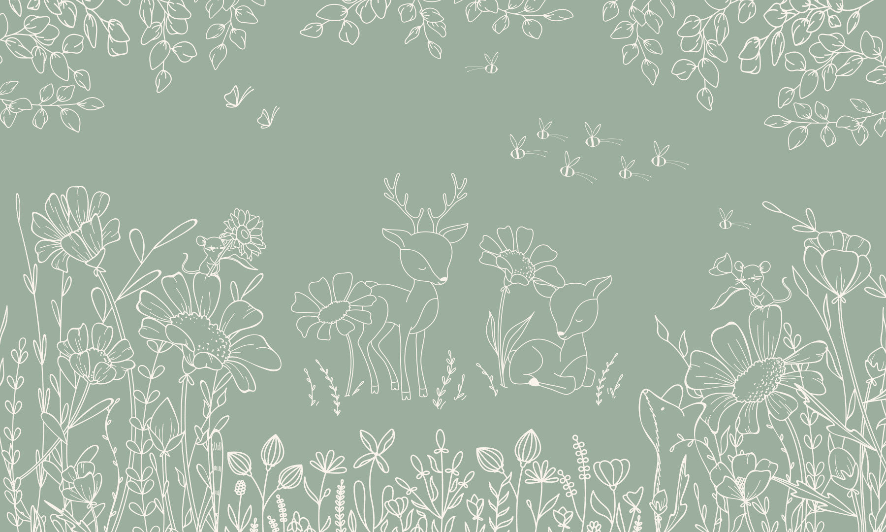Deer Doodles Green wall mural in a bedroom with sage floral woodland art