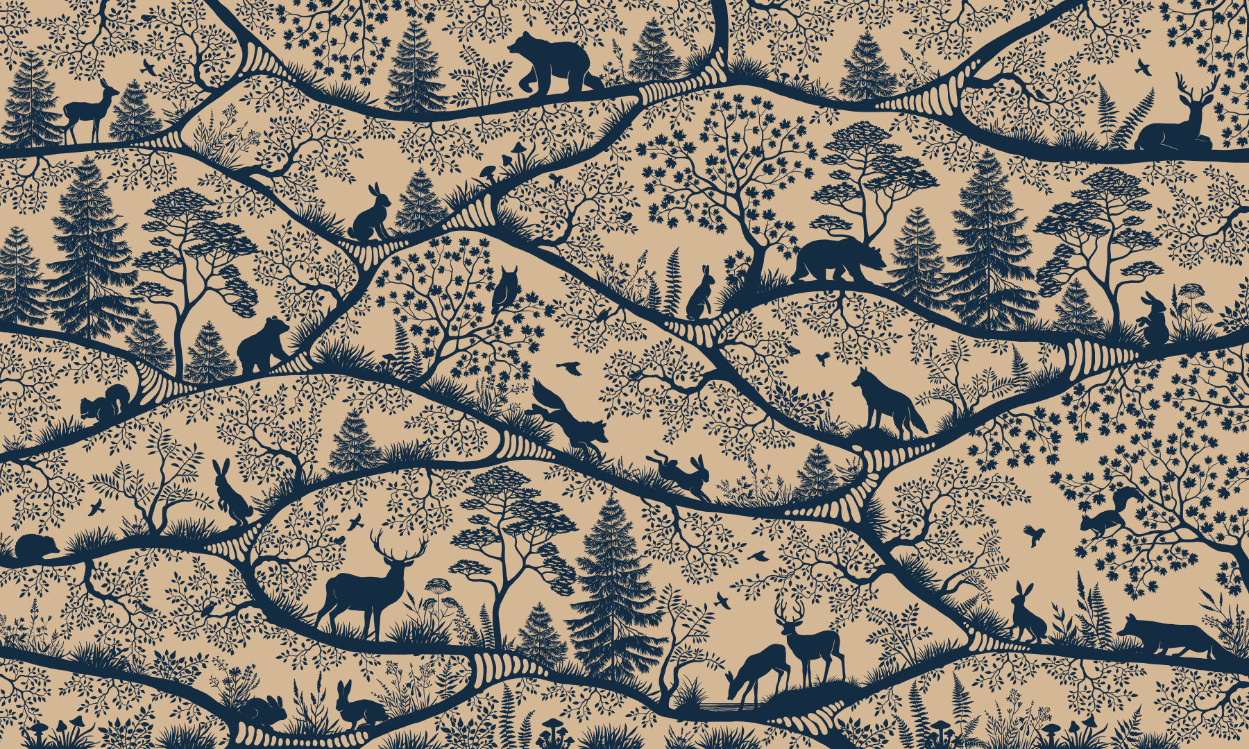 Nordic Nature Beige Blue wall mural forest animals bedroom decor