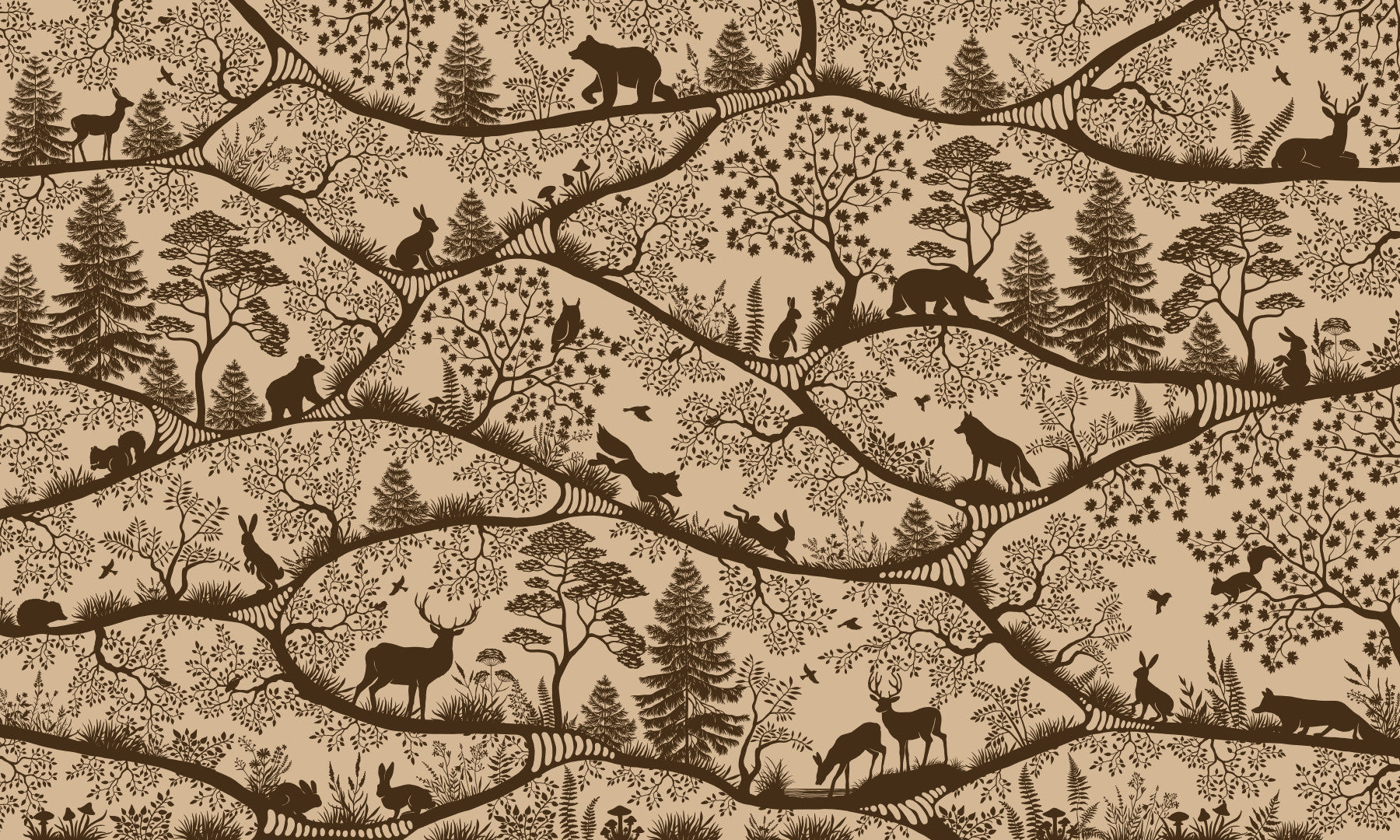 Nordic Nature Beige Brown wall mural forest animals toddler bedroom decor