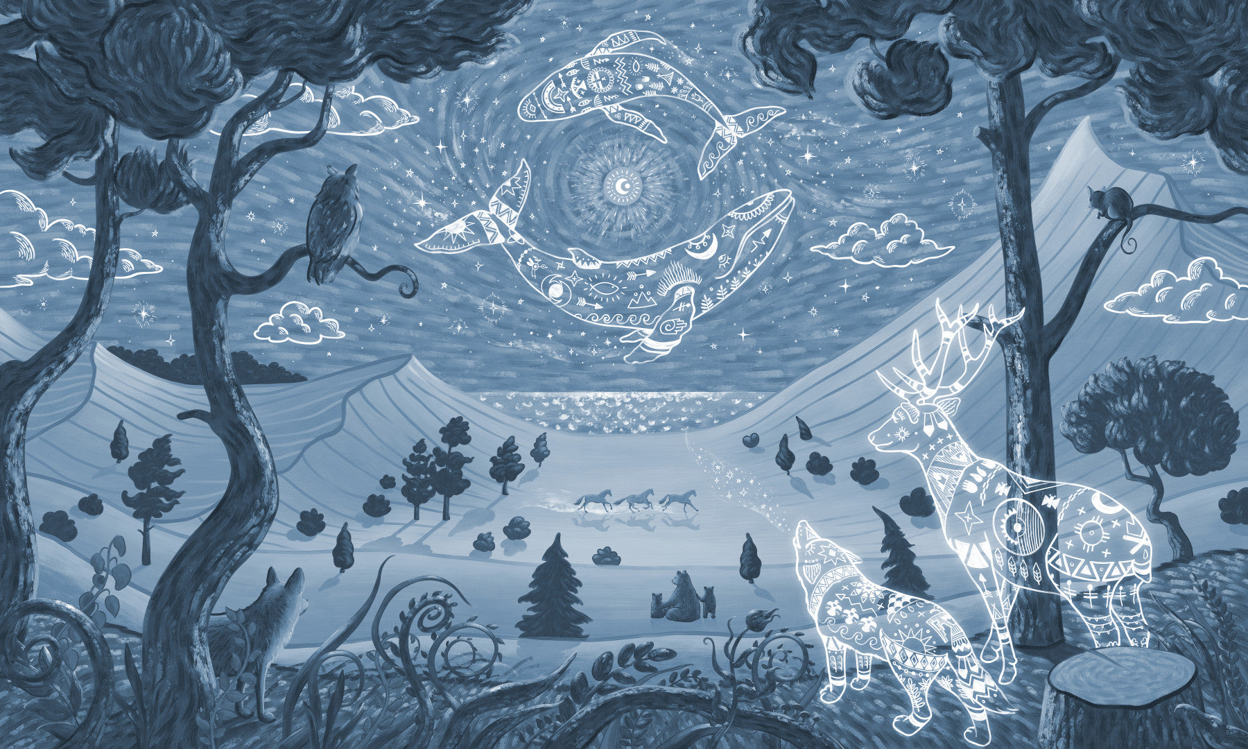 Spirit night blue mural bed room mystical animals forest wall mural