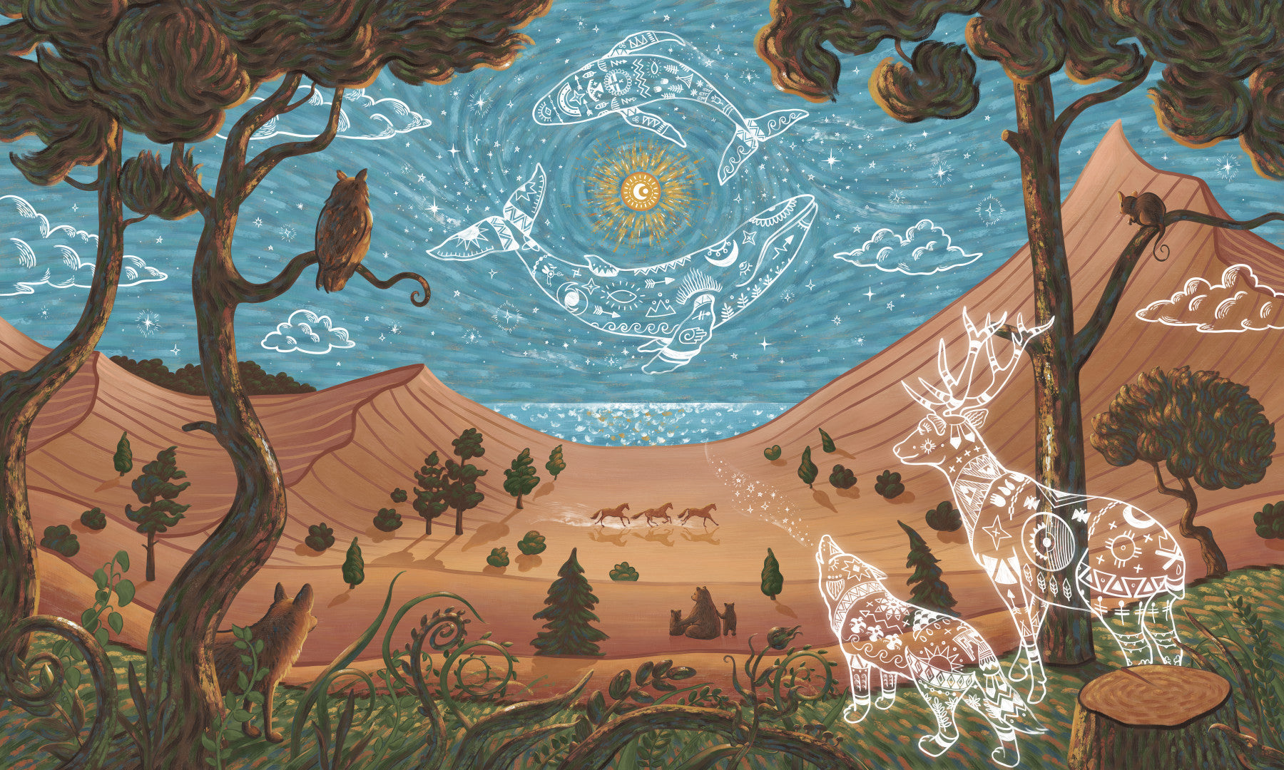Kids room decor with spirit night wall mural and mystical animal scene