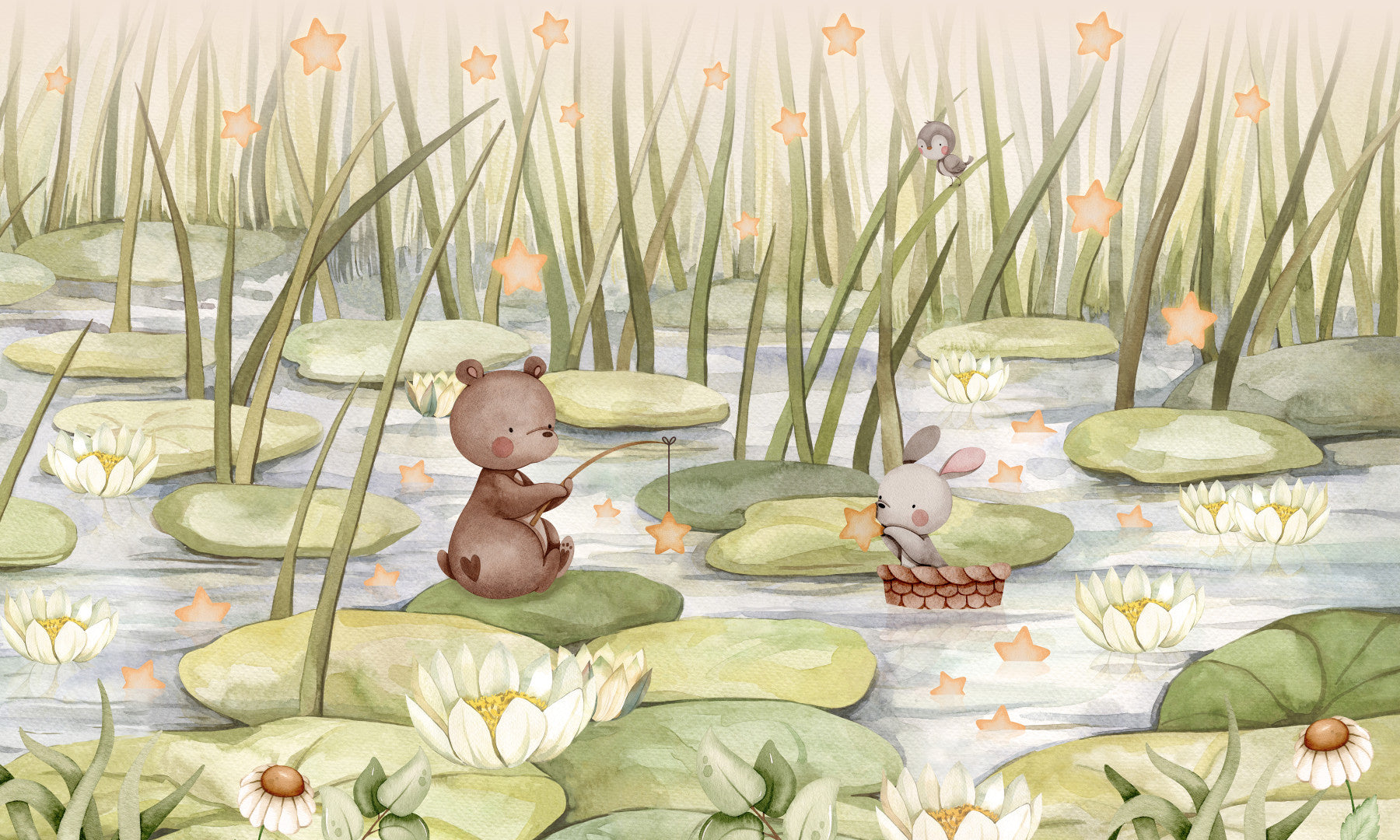 Kids room decor with starry pond wall mural and cute animal illustration