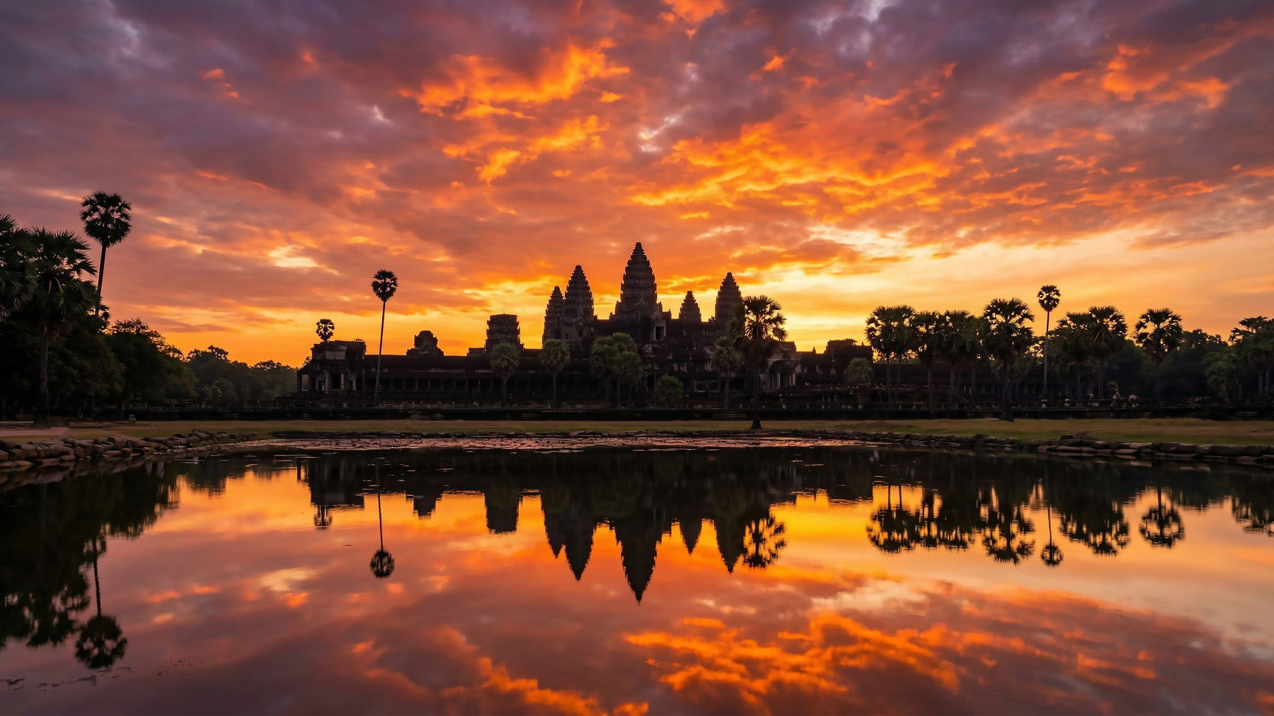 Living room decor with temple reflection wall mural and sunset sky view