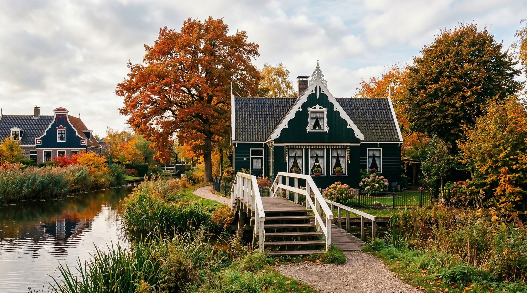 Dutch canal wall mural with autumn trees and reflective water scenery