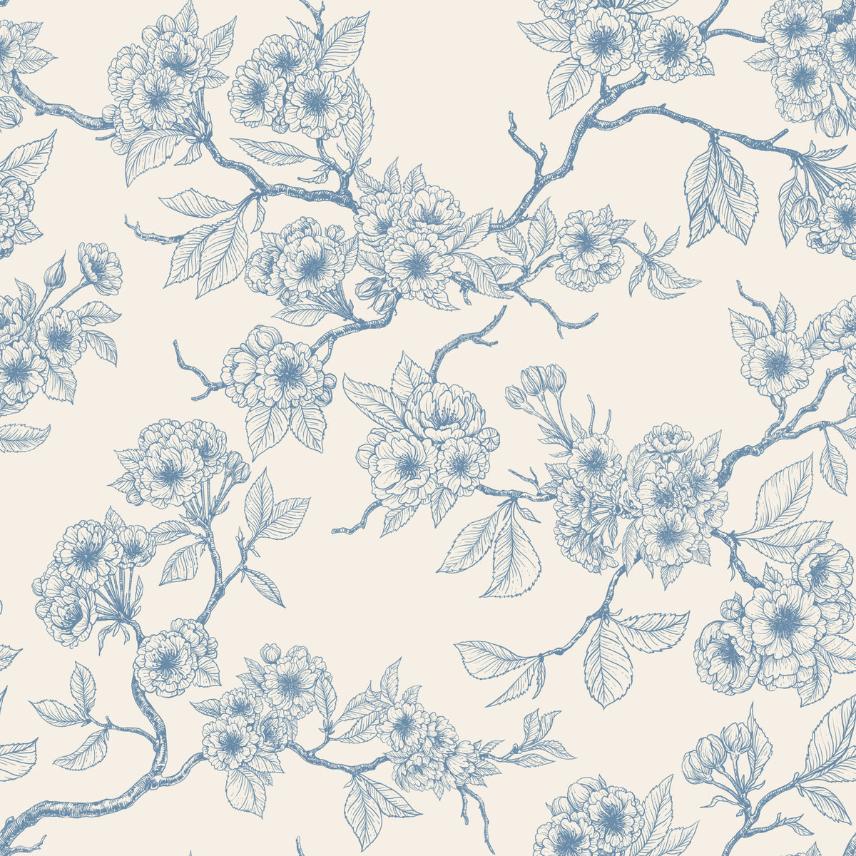 Chery blossom branches in blue and off white Wallpaper⁠
