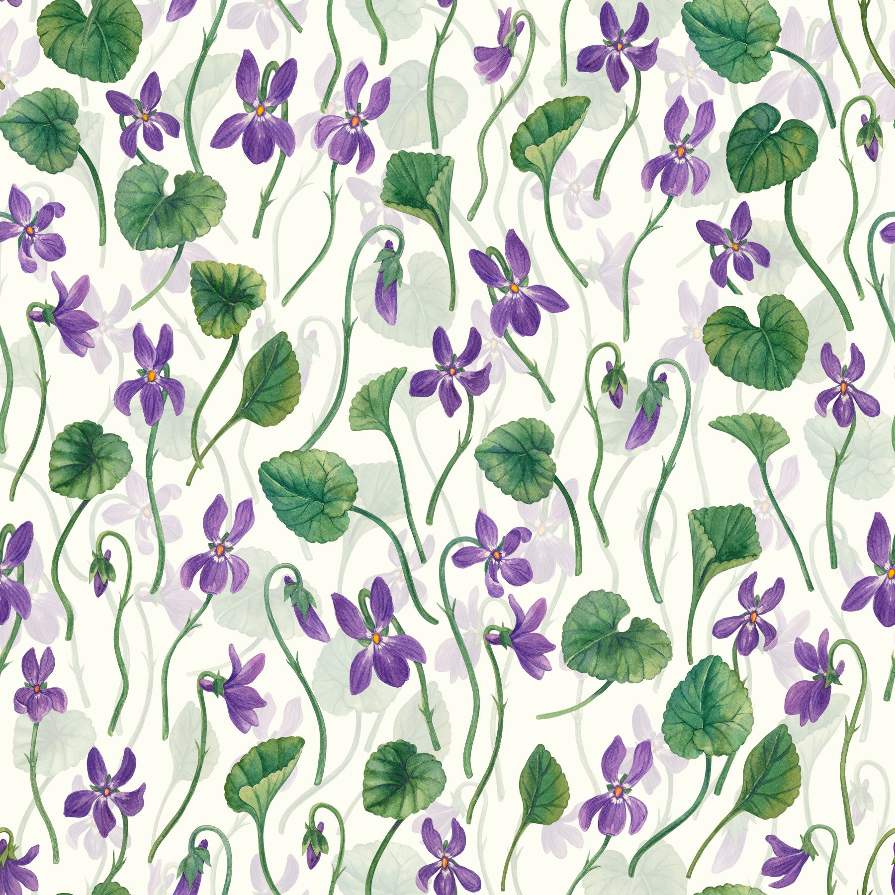Living room decor with watercolor violets wallpaper on soft off white base