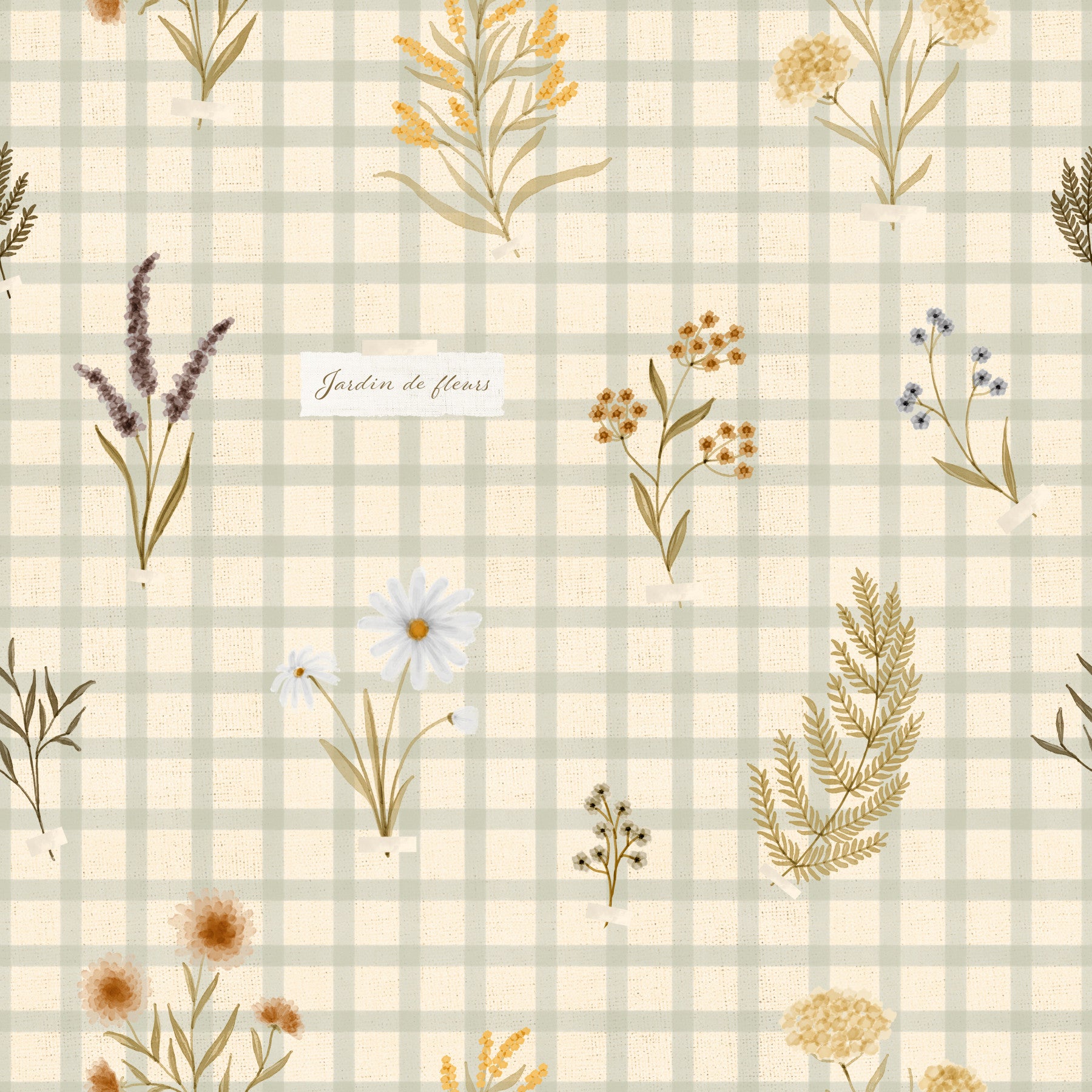 Dining area interior using botanical gingham wallpaper with neutral grid design