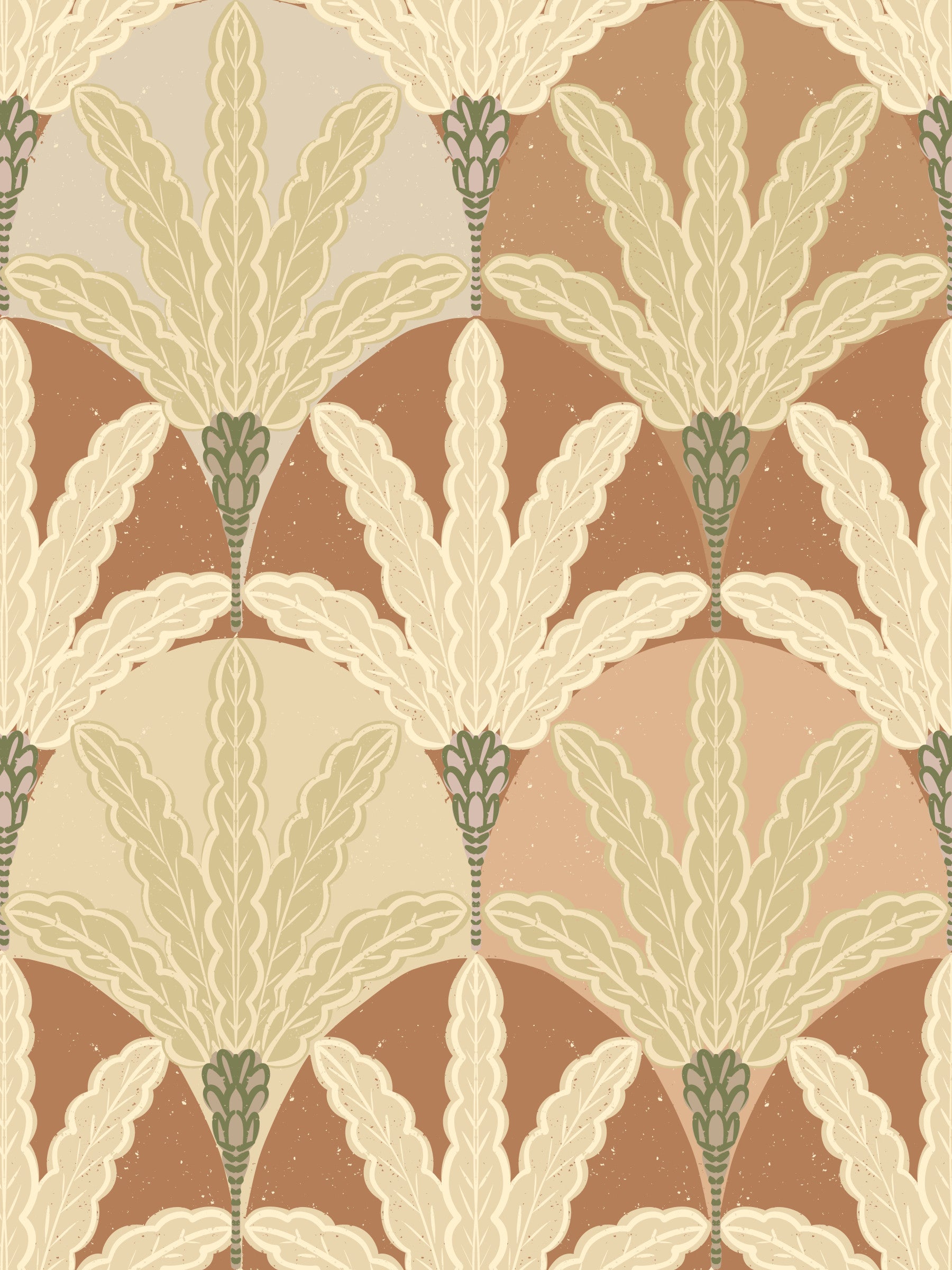 Earthy fan fronds wallpaper adds warm deco rhythm to this inviting living room 