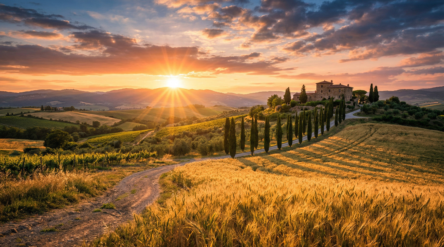 Living room wall mural with Tuscan golden hour and winding cypress lane landscape view