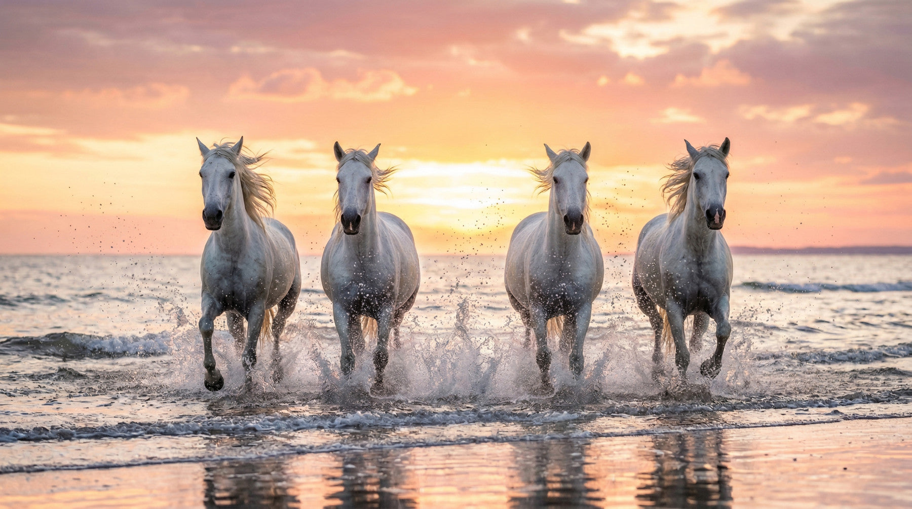 Toy room wall mural showing golden shore horses and splashing sunset tide motion