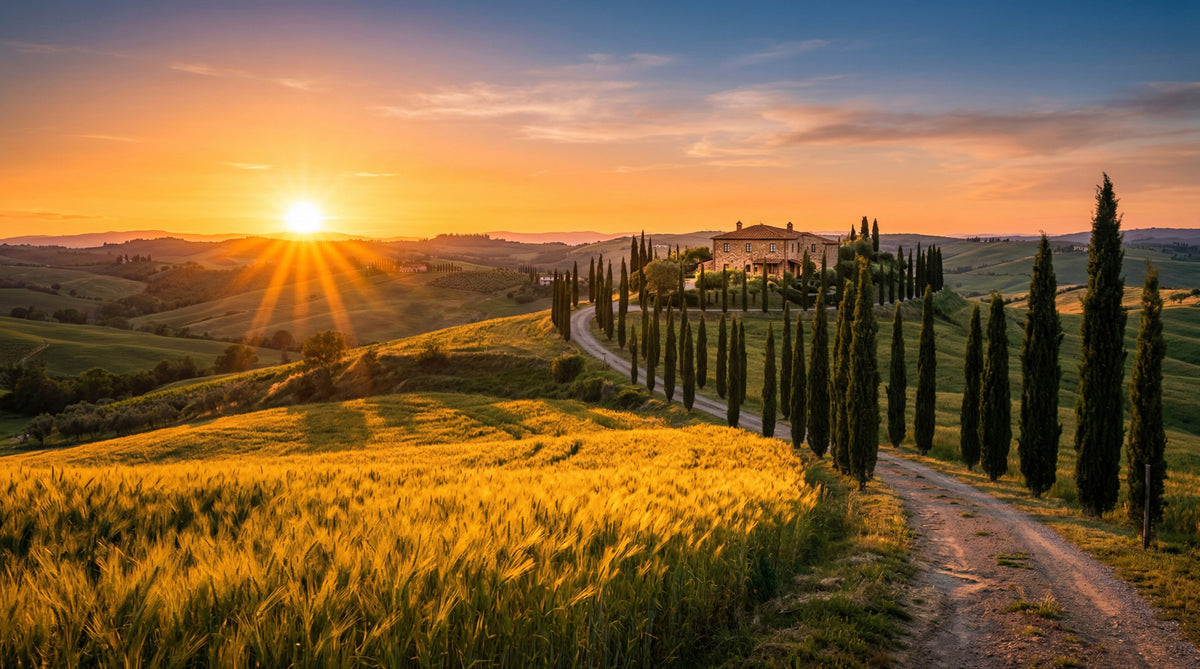 Tuscan Golden Hour: Cypress Path Wall Mural in your room